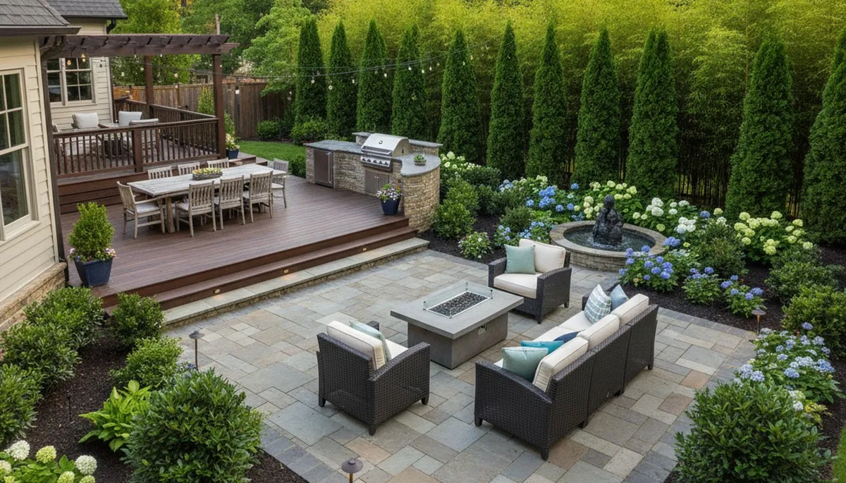 Backyard patio with lighting and greenery showcasing professional landscaping in Atlanta, GA