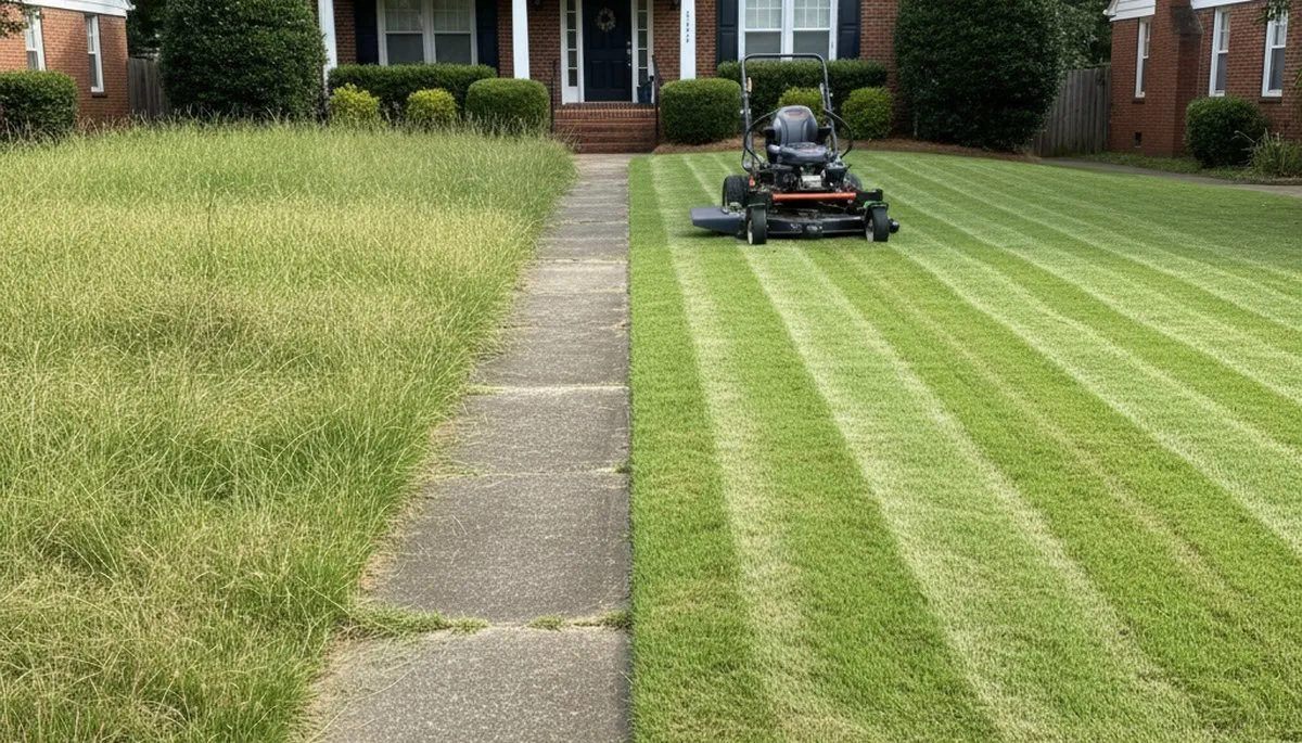 Before and after lawn mowing showing overgrown vs trimmed grass by Atlanta GA landscapers