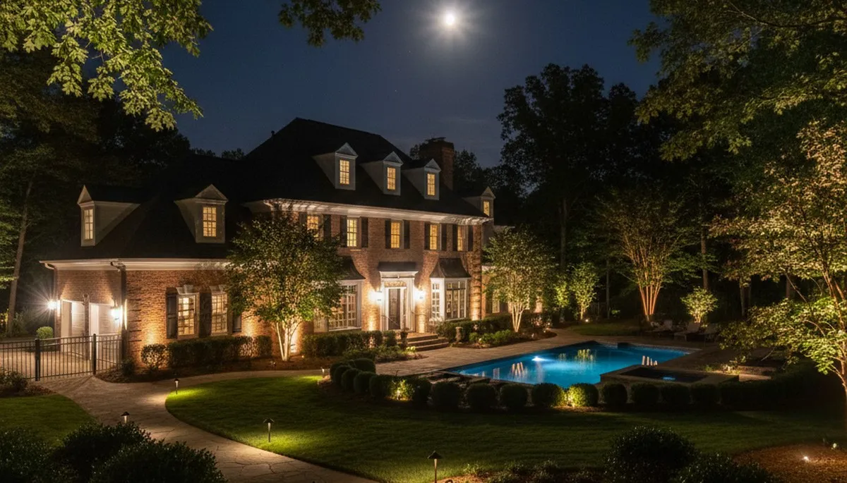 Atlanta GA landscape lighting design illuminating full property with layered outdoor lights at night