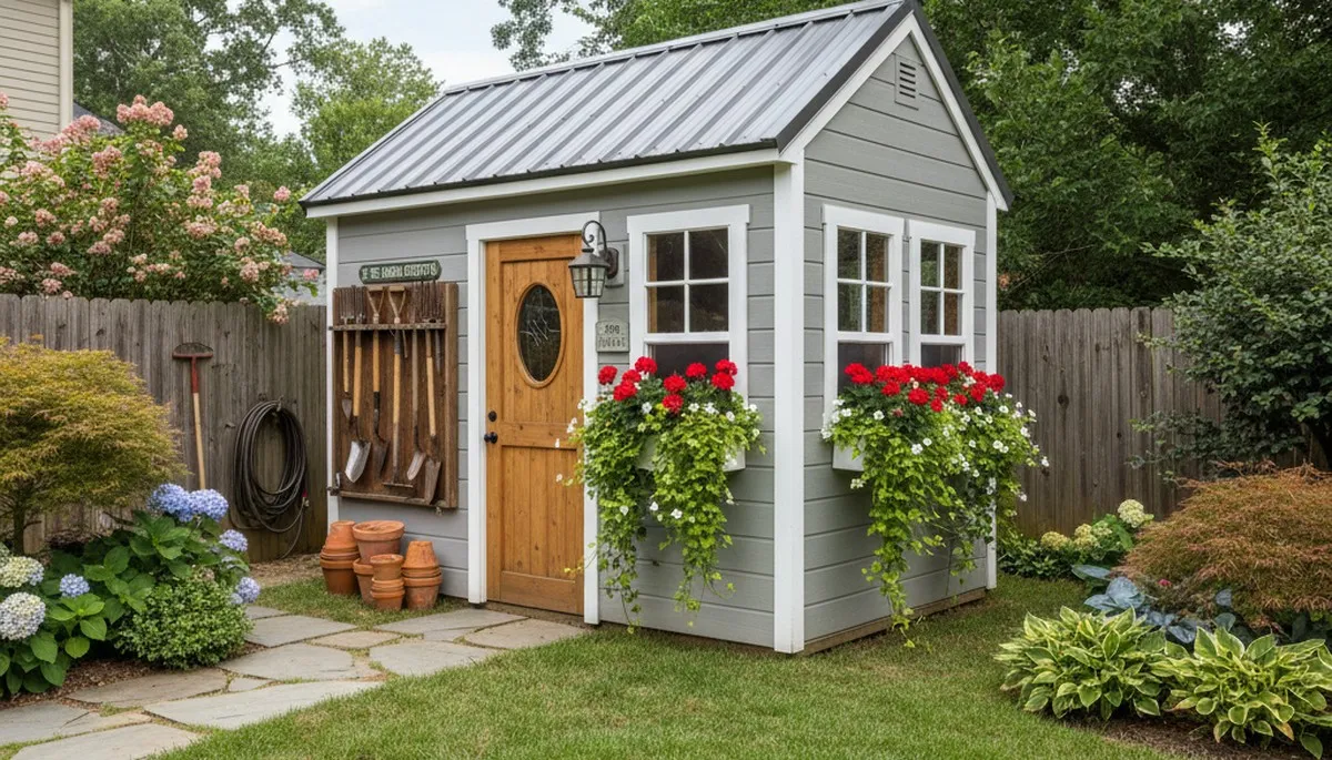 Decorative garden shed with window boxes installed by Atlanta landscaping experts in Georgia