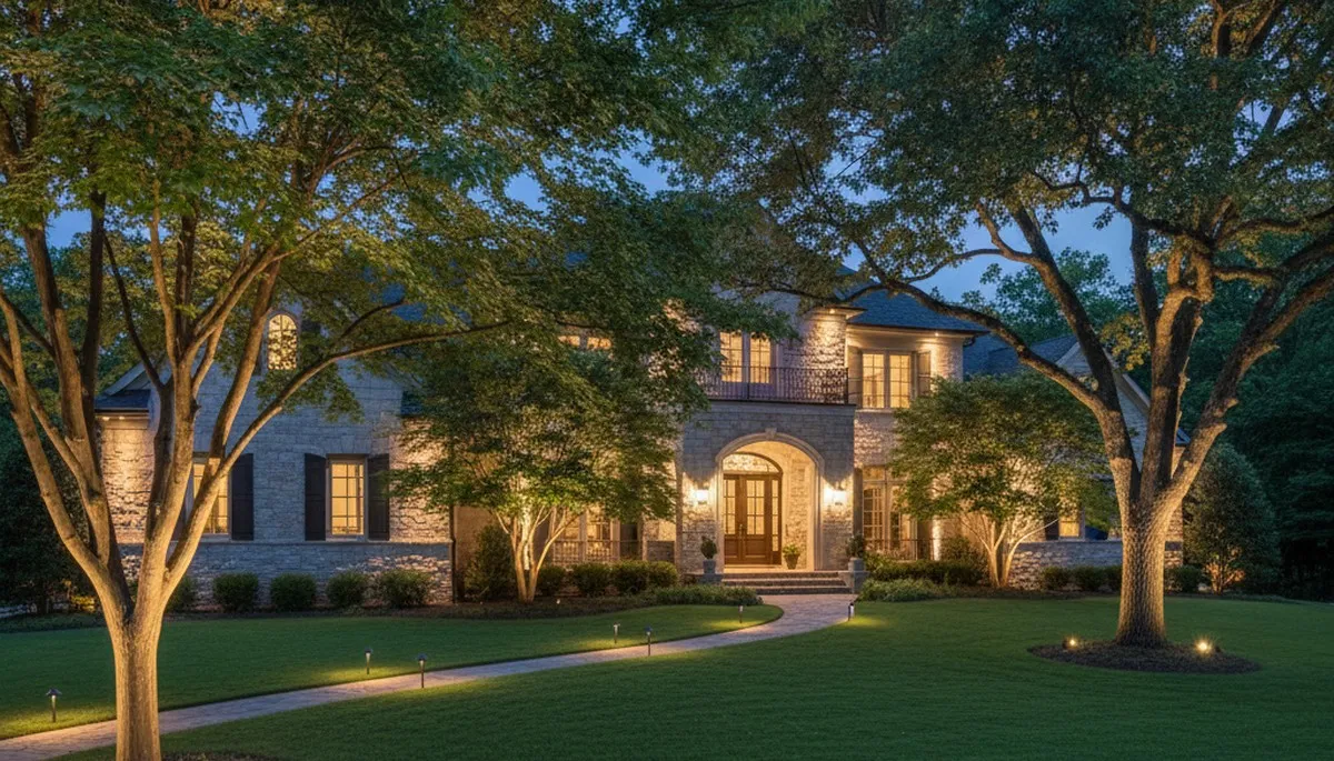 Dramatic tree uplighting showcasing professional landscape lighting design in Atlanta, GA at night