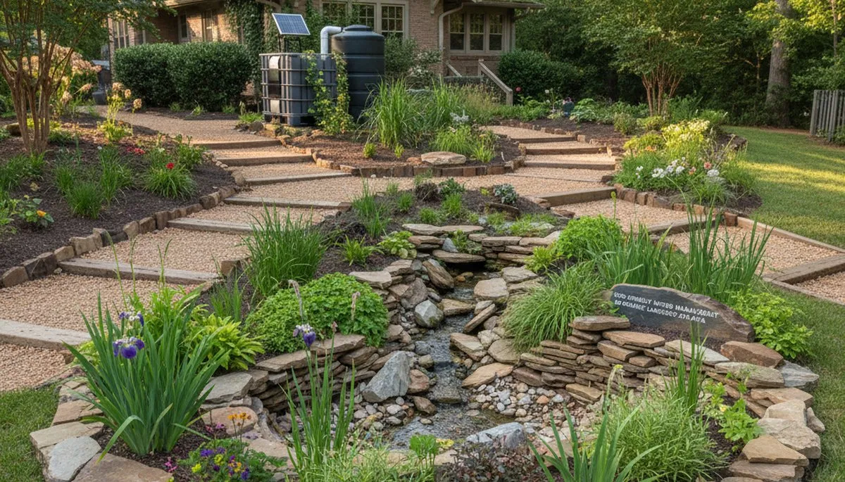 Eco-friendly rain garden with native plants for organic water management in Atlanta, GA landscaping