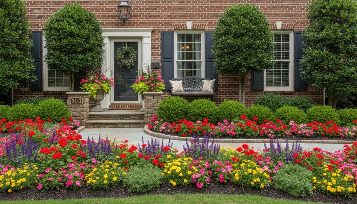 Front yard landscape design with colorful plants and shrubs enhancing curb appeal in Atlanta, GA
