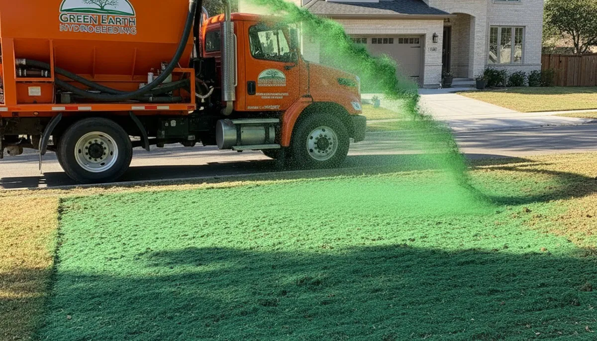 Hydroseeder truck spraying green slurry for lawn installation in Atlanta, GA by Chop Chop Landscaping
