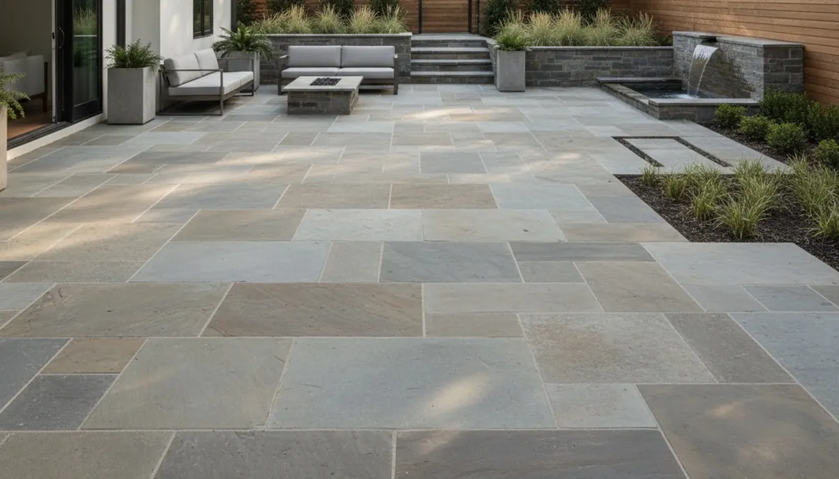 Modern large stone slab patio installation by Atlanta landscapers | Chop Chop Landscaping GA