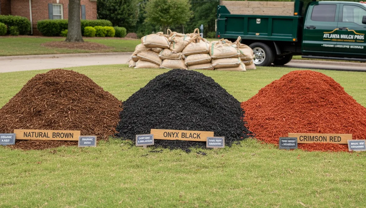 Brown, black, and red mulch options displayed for Atlanta, GA landscaping by Chop Chop Landscaping