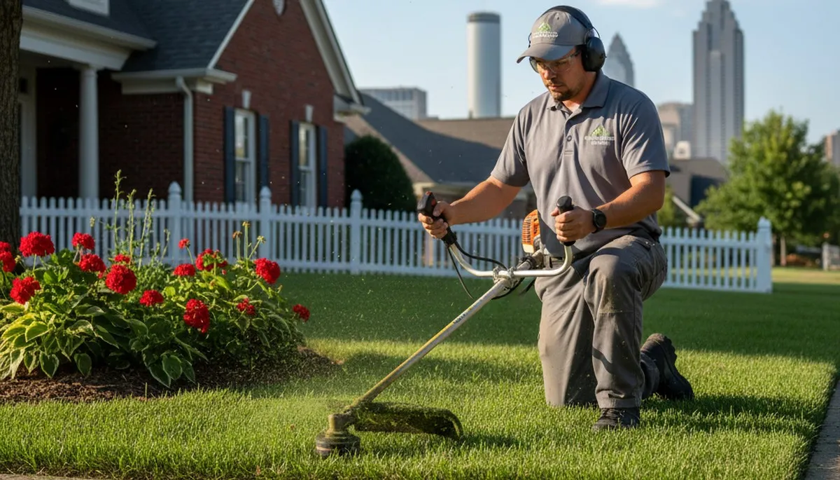 Professional landscaper edging lawn with string trimmer in Atlanta, GA for precise lawn maintenance