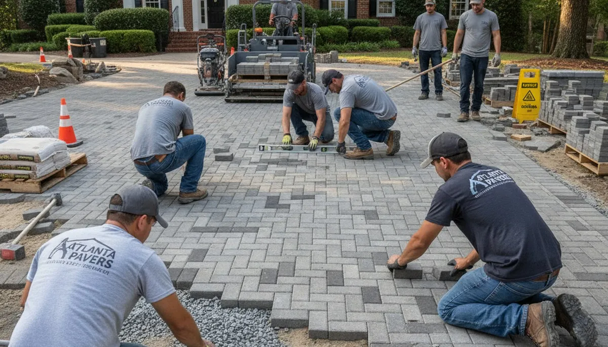 Professional crew installing driveway pavers in Atlanta, GA with precise leveling and base preparation