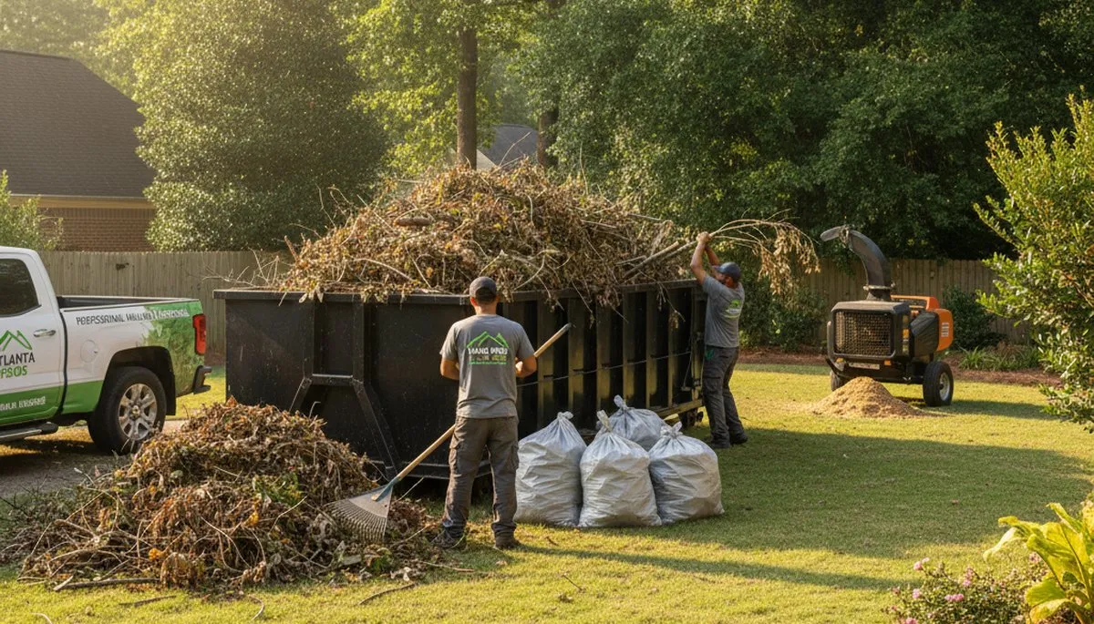 Professional yard cleanup crew hauling debris at a residential property in Atlanta, GA