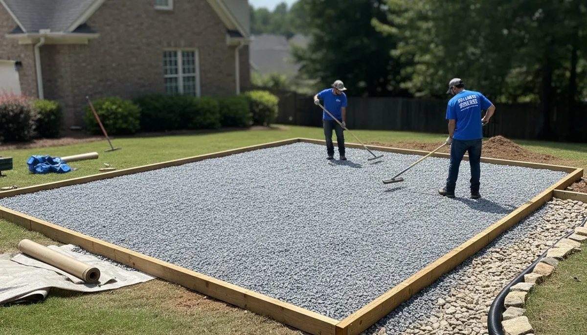 Professional shed foundation preparation with gravel base and drainage in Atlanta, GA landscaping project